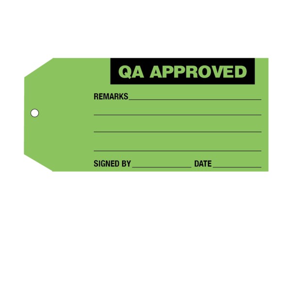 Tag, "QA Approved" 6-1/4" x 2-7/8" Green w/Black